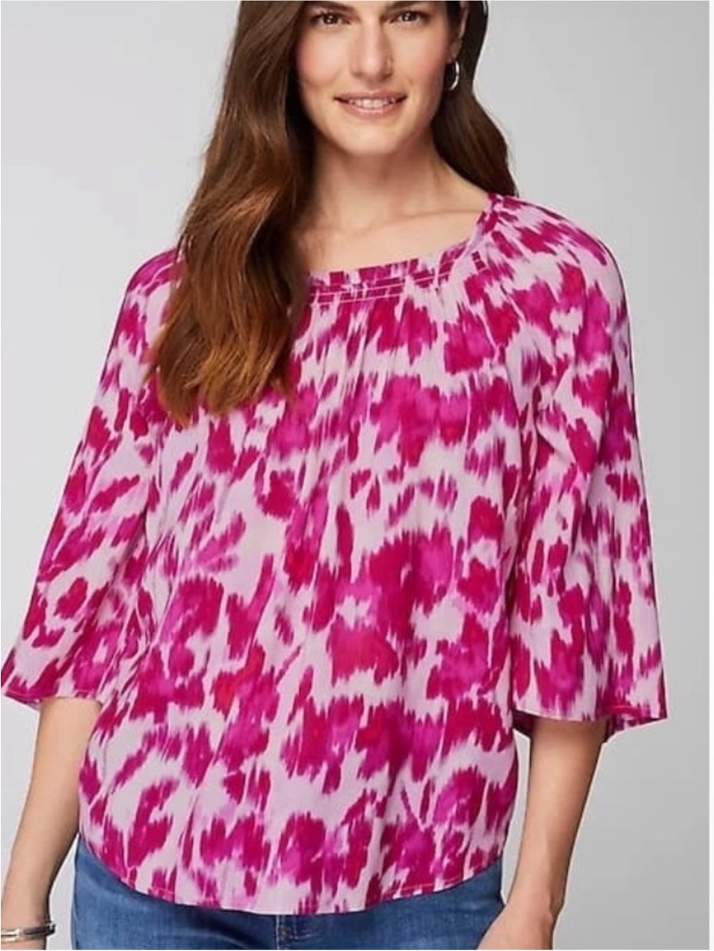 J. Jill Lightweight Pink Abstract Smocked Neckline Top, Size XL